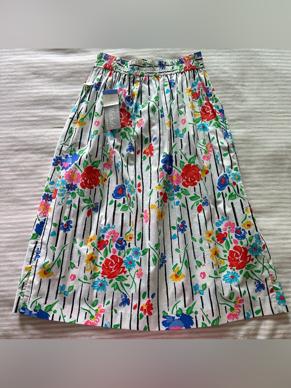 artistic deadstock vintage stripes & floral midi skirt / size 13/14